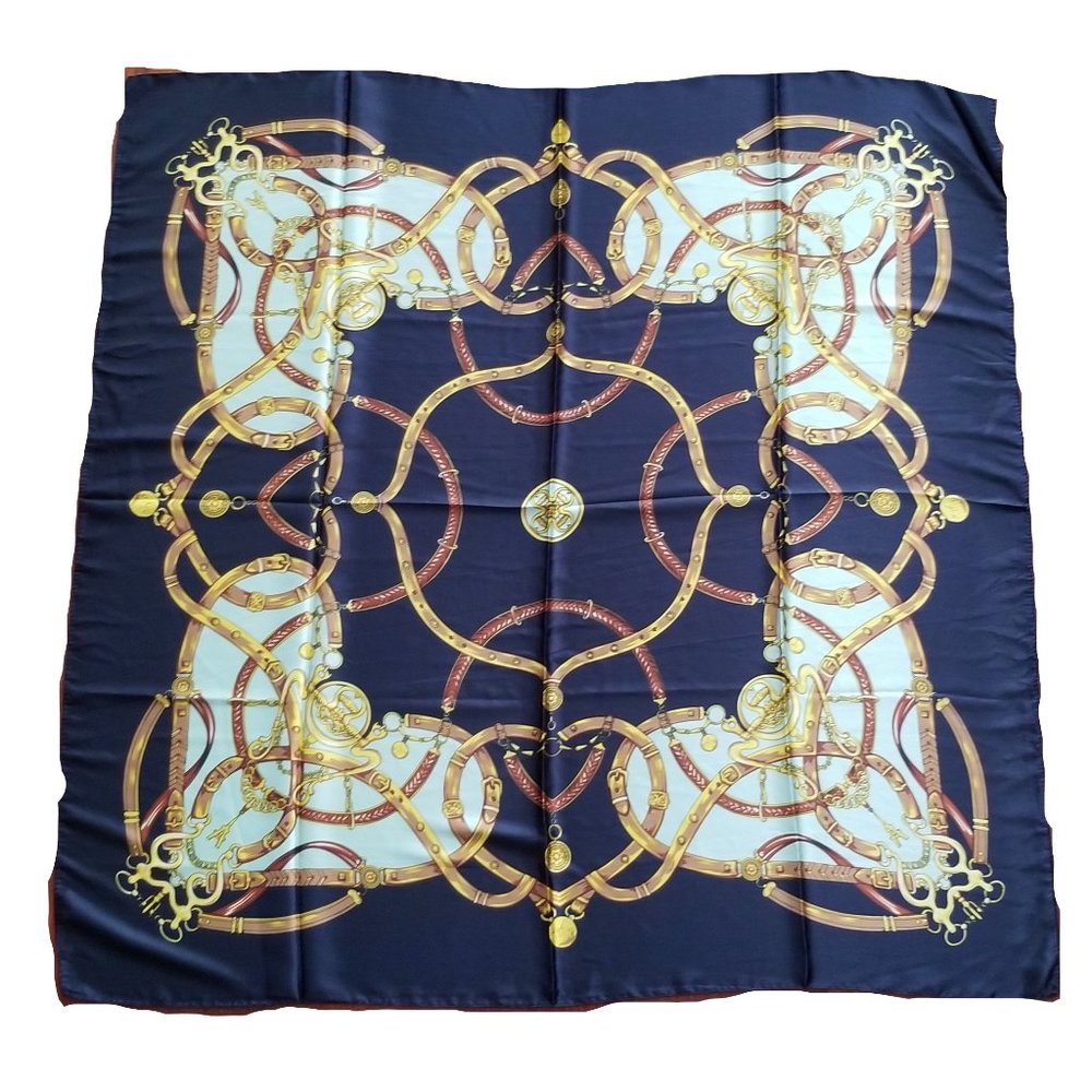 LARGE SATIN LARGE SQUARE SCARF SHAWL WRAP BLUE 34" x 34" EQUESTRIAN